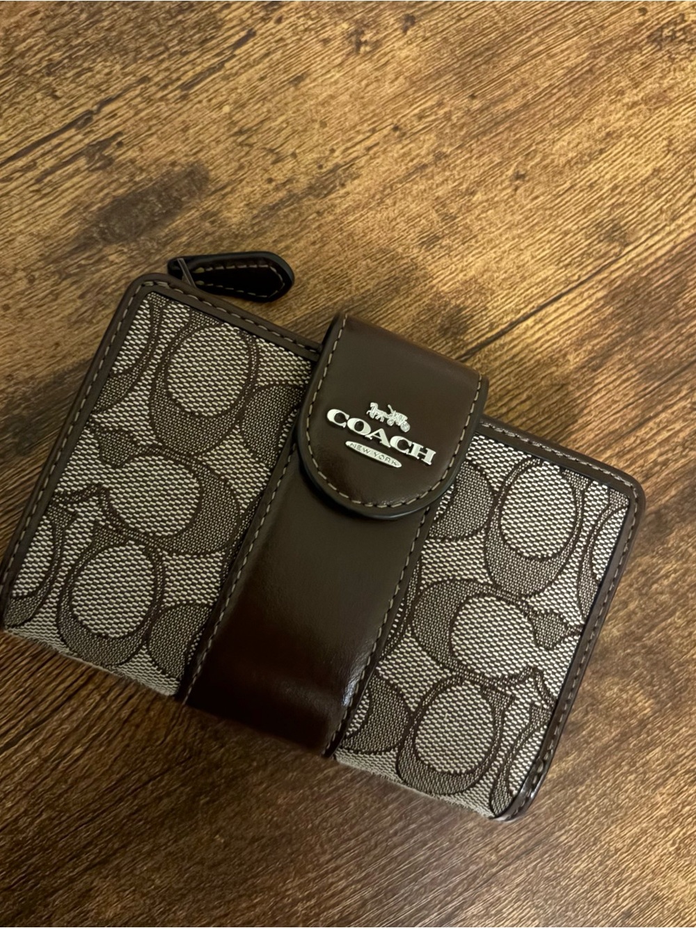 Coach Small Signature Card & Key Holder in Brown and Beige